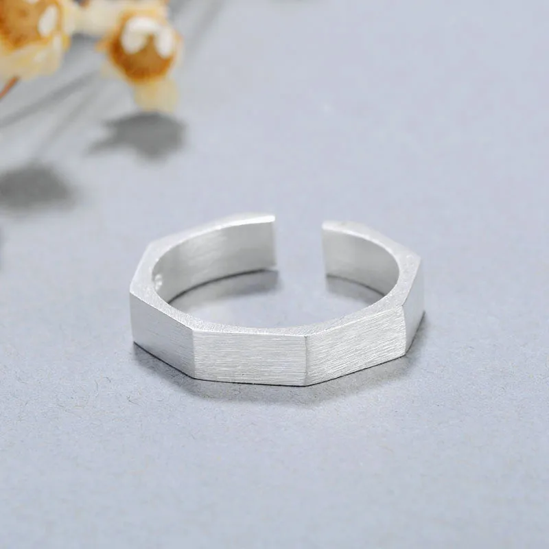 New Fashion Simple 925 Sterling Silver Jewelry Geometric Six Pointed Brushed Hexagonal Opening Rings R108
