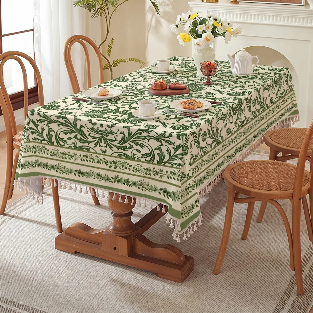 Vintage Green Floral Tablecloth with Tassel Boho Farmhouse Rectangular Round Square Table Cover for Dining Coffee Table & Party