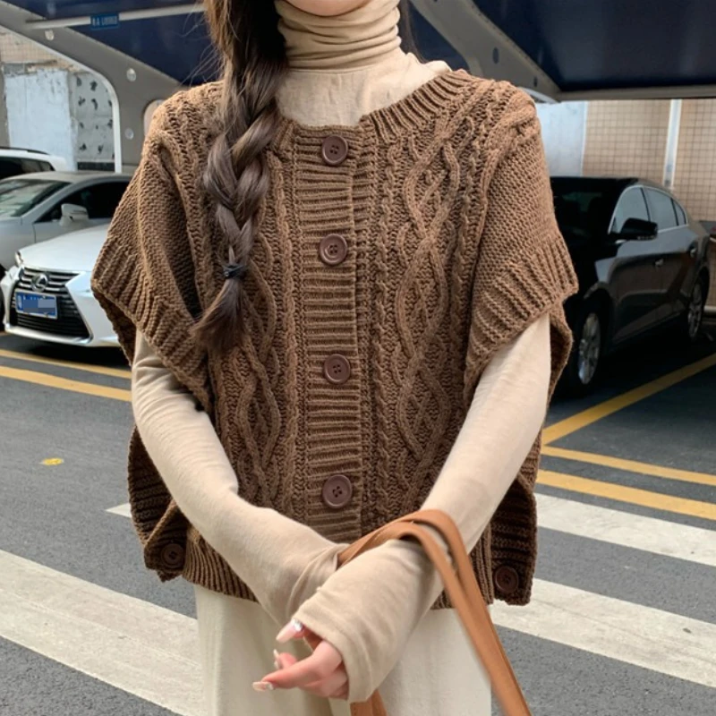 

Chic Vintage Solid Fried Dough Twists Single Breasted Sleeveless Knitting Sweater Spring Autumn Ladies Casual Versatile New Vest
