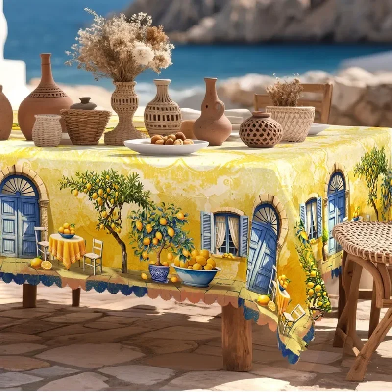 Single piece of French lemon-themed tablecloth, featuring lemon trees and blue-white windowsxzj