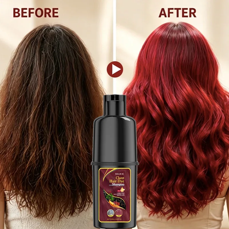 EELHOE 3 In 1 Wine Red Hair Dye Shampoo Natural Herbal Extract Deep Nourish Glossy Hair Color For Gray Hair Quick At-Home Dyeing