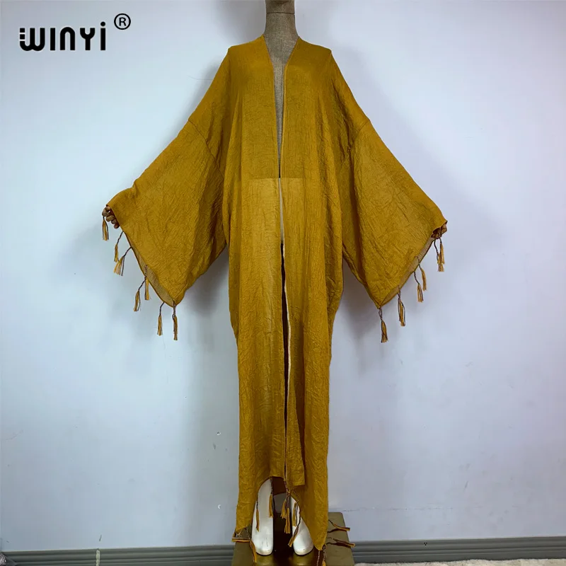 WINYI kimono Africa coat fashion kaftans beach cover-ups Fringed monochrome cardigan beach outfits for women vestidos para playa