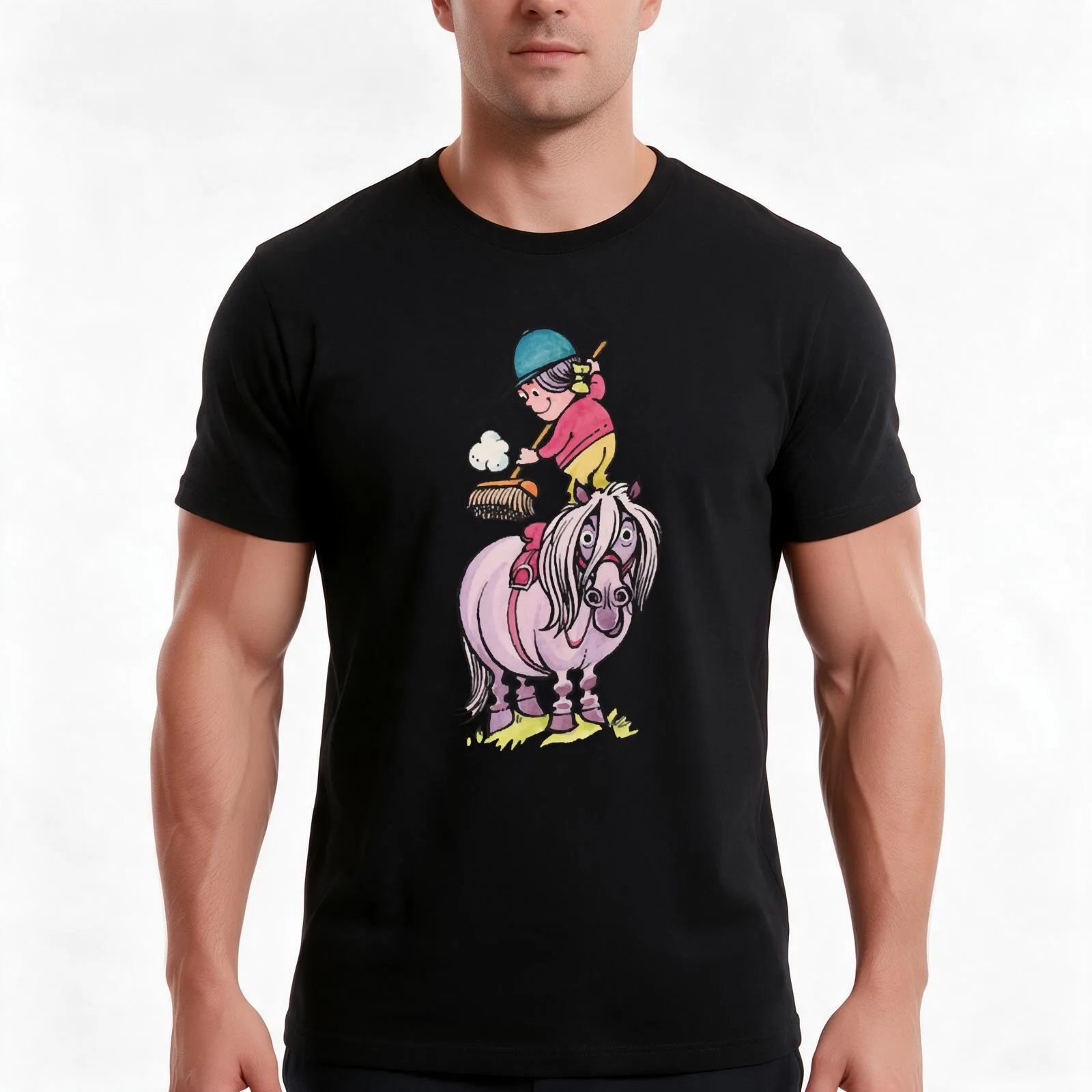Thelwell Rider Cleaning Their Horse T-Shirt, Summer Casual Cotton Tee, Oversized Streetwear Tops, Vintage Graphic Print