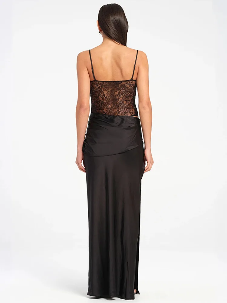 Apprabant Sheer Lace Patchwork Satin Split Slip Maxi Dress Sexy Cut Out V-Neck Backless Slim Evening Strap Long Dress Partywear