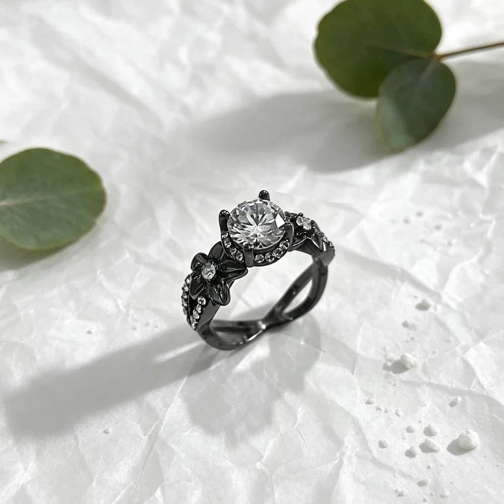 Black Gunmetal Floral Split Shank Ring Shiny CZ Solitaire Ring Gothic Flower Carved Ring Dark Tone Women Party Jewelry Gifts