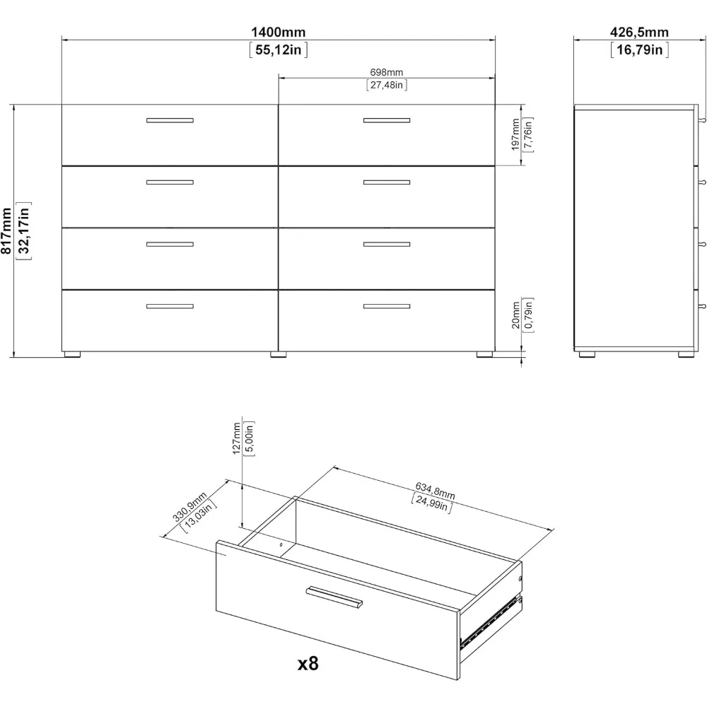 Black Woodgrain 8-Drawer Dresser - Double Width, Modern Design for Bedroom Storage