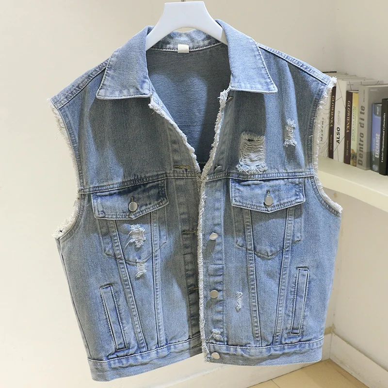 

Autumn Vintage Light Blue Holes Big Pocket Denim Vests Women Waistcoat Cowboy Sleeveless Jacket Loose Short Jeans Vests Female