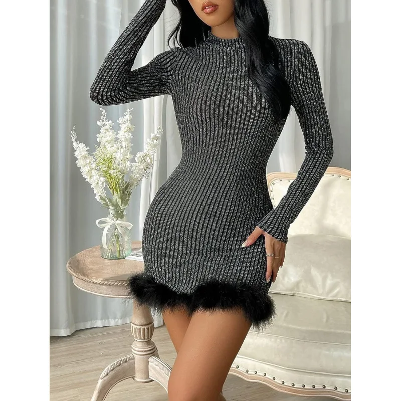 

Women's Mock Neck Striped Knit Mini Dress Long Sleeve Bodycon Dress with Furry Hem Party Clubwear