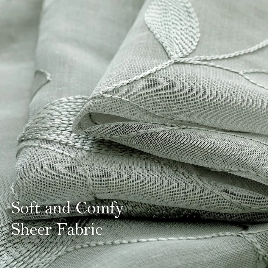 Saliegroene pure gordijnen 52 x 84 inch lang 2 panelen geborduurd bladpatroon zak kunstlinnen bloemen semi-transparante voile windo