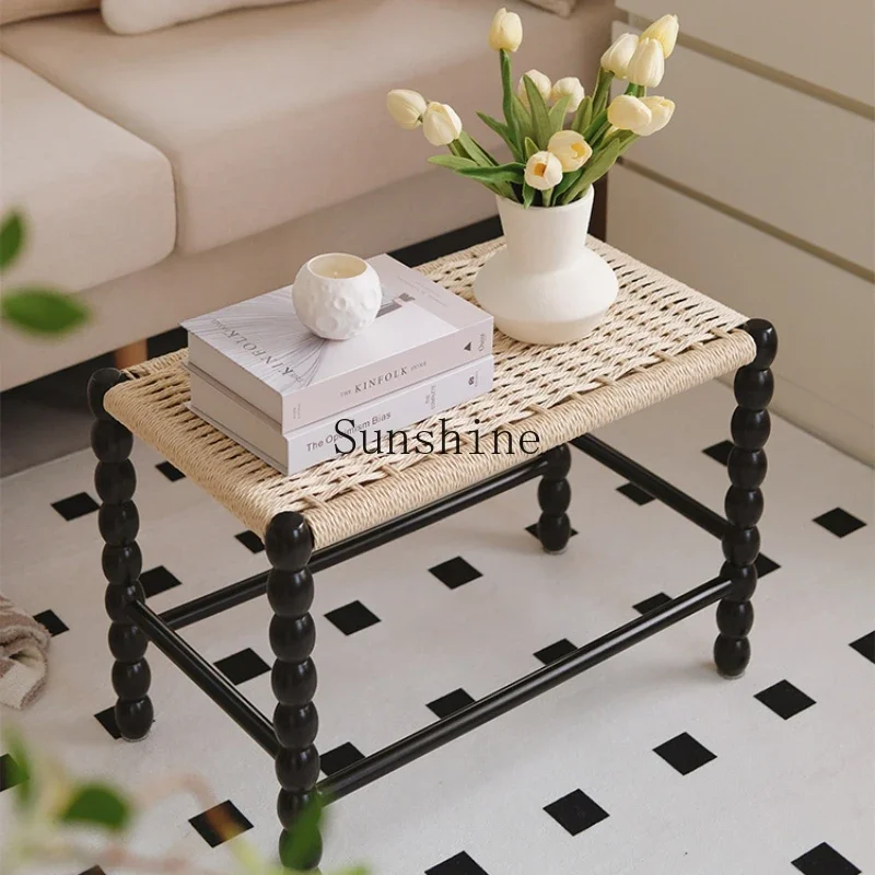 

French retro solid wood woven low stool dressing bed tail long strip small low coffee table