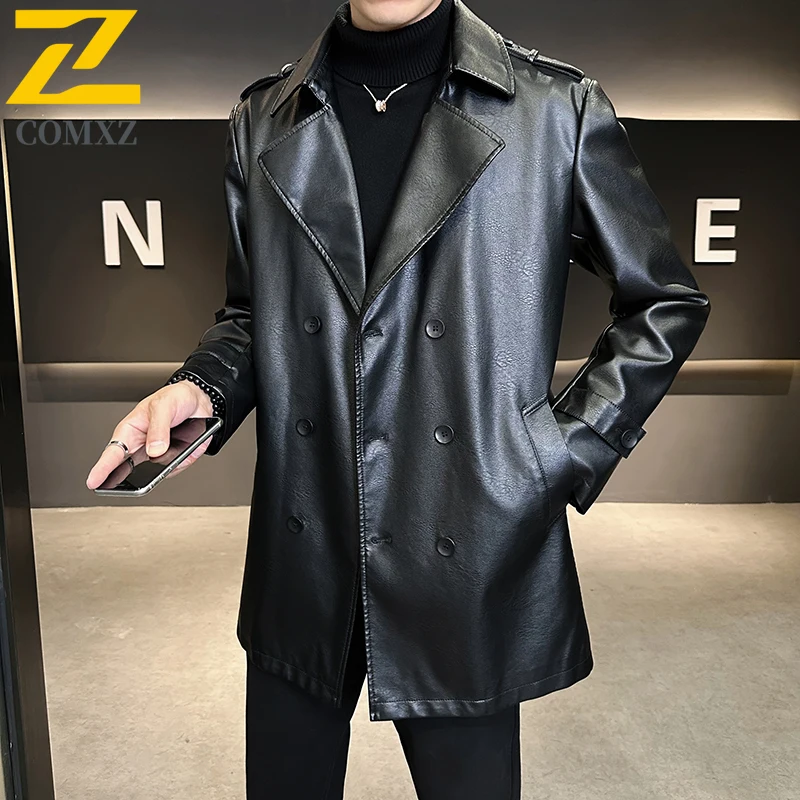COMXZ جديد رجل سترة جلدية جديد الحد الأدنى العصرية السفر الجلود خندق معطف منتصف طول الأعمال ملابس خارجية قسط غير رسمية #2
