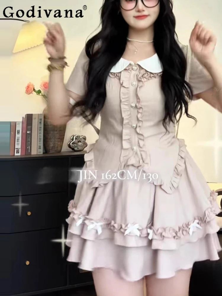 

Large Size French Sweet Girl Summer Peter Pan Collar Short Sleeve Top Cute Bow Age Reduction Pleated Cake Skirt Two-piece Sets