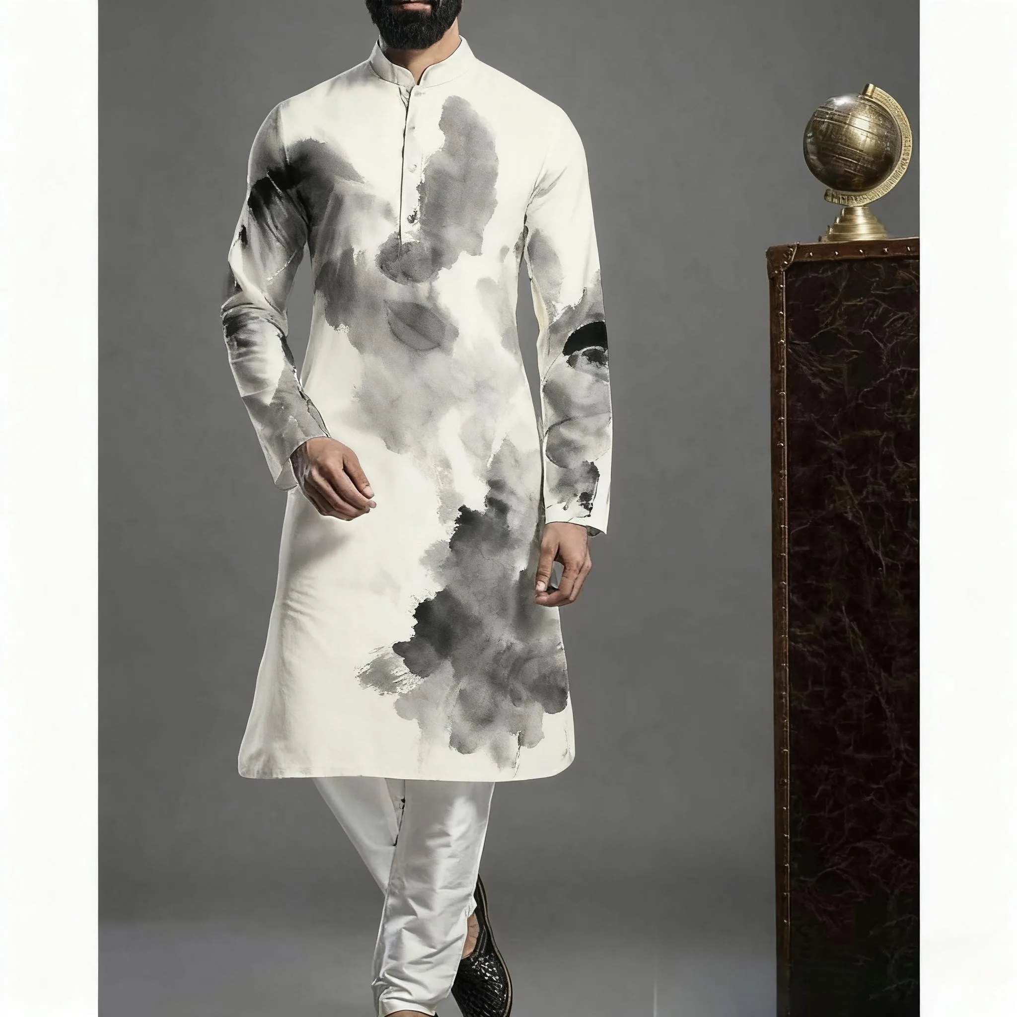 قميص كورتة إسلامية ملابس رجالية قفطان شعبي Musulman Kurta ملابس إسلامية هندية قمصان مطبوعة بأكمام طويلة