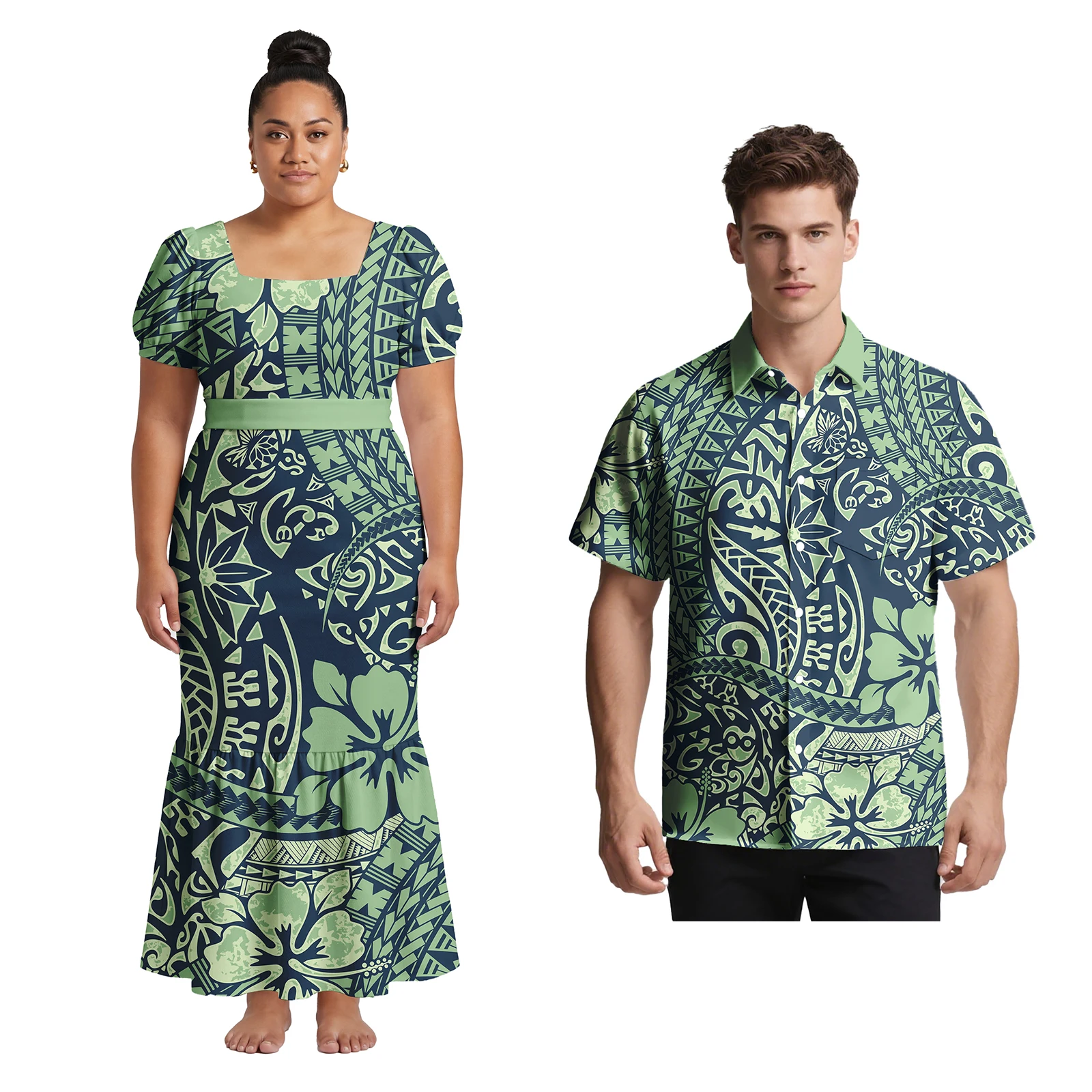 Brand New Custom Couple Clothes Samoan Tribal Plus Size Men Shirts Hawaiian Dress for Women Polynesian Party Prom Couple of Set - view 4