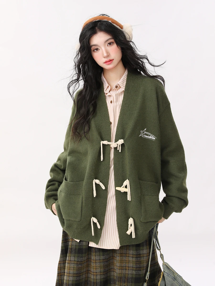 

Women's Korean Retro Horn Button Knitted Cardigan Autumn And Winter Gentle Lazy Style Loose Versatile Casual Sweaters Jackets