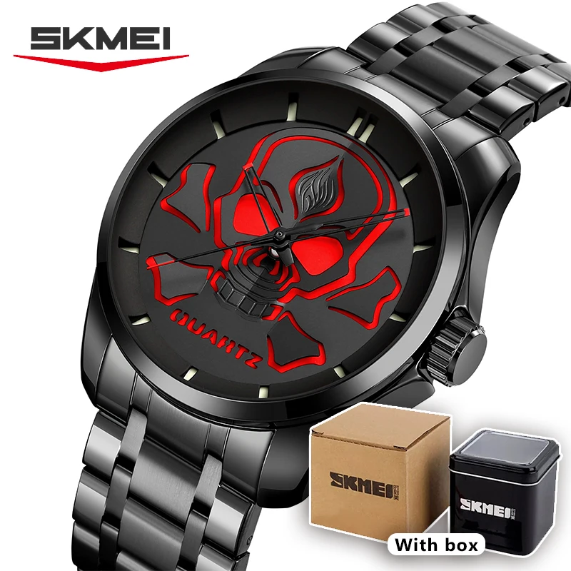 SKMEI patrón de calavera estilo gótico cuarzo Cool Mens oscuro Casual relojes impermeables moda para banda de metal pesado reloj de pulsera 9358