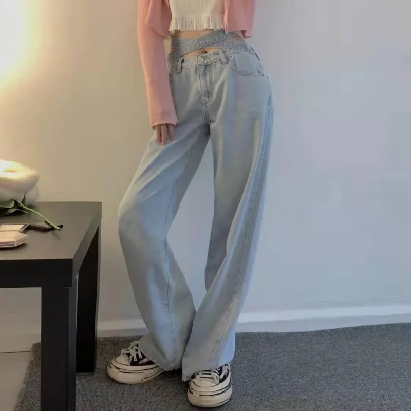 

Bandage Design Jeans Women Spring Autumn Denim All-match Full Length Casual Straight Chic Sweet Style Student High Waist Vintage