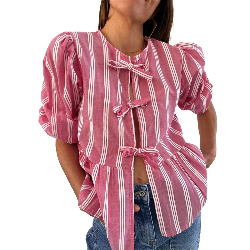 

Женские топы с баской Y2K, пышная блузка с короткими рукавами и завязками, рубашка, летняя милая рубашка на выход, топ Babydoll-A55G