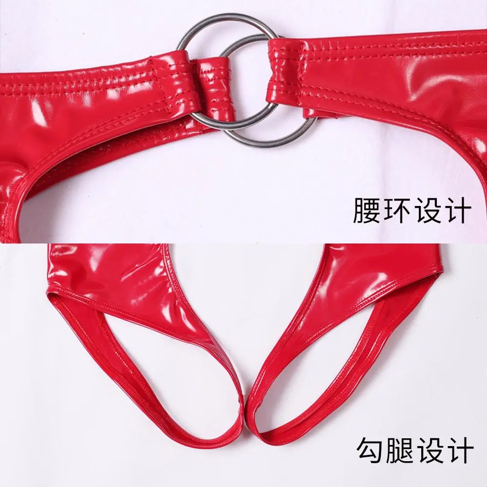 بولي كلوريد الفينيل فو الجلود g-سلسلة ثونغ الملابس الداخلية T-الظهر Crotchless سراويل لامعة حلقة سحب السروال الجبهة الخلفية مفتوحة المنشعب متعة الملاكمين #5