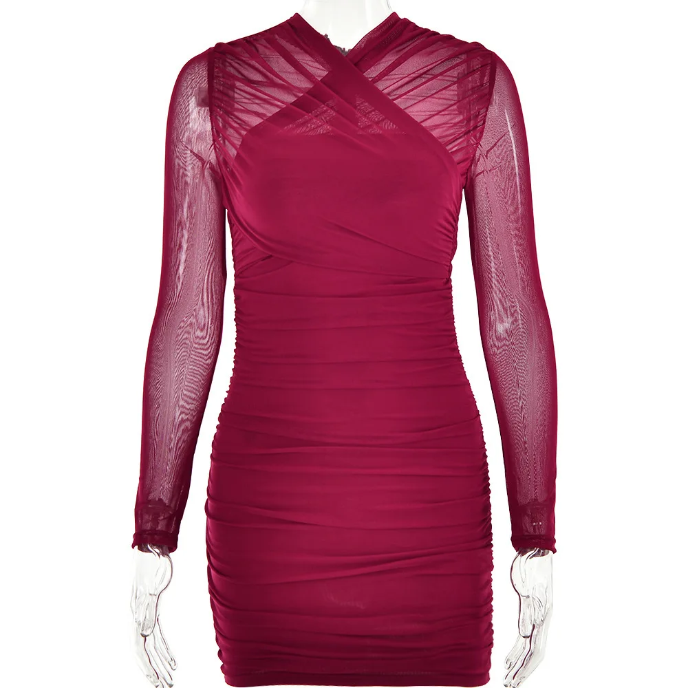 Women's Sheer Mesh Long Sleeve Fashion New Sexy Hot Girl Pleated Bodycon Dress Autumn
