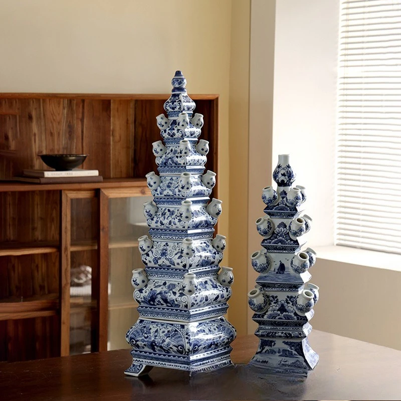 Ceramic sculpture pagoda blue and white porcelain flower ware interior floor decoration flower arrangement