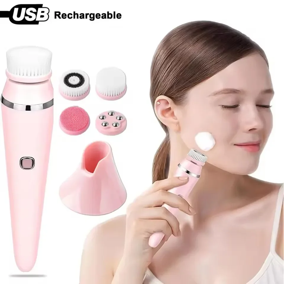 Brosse électrique de nettoyage du visage 4 en 1, masseur de visage étanche IPX7, dispositif de nettoyage pour un nettoyage en profondeur, élimination des points noirs et des pores