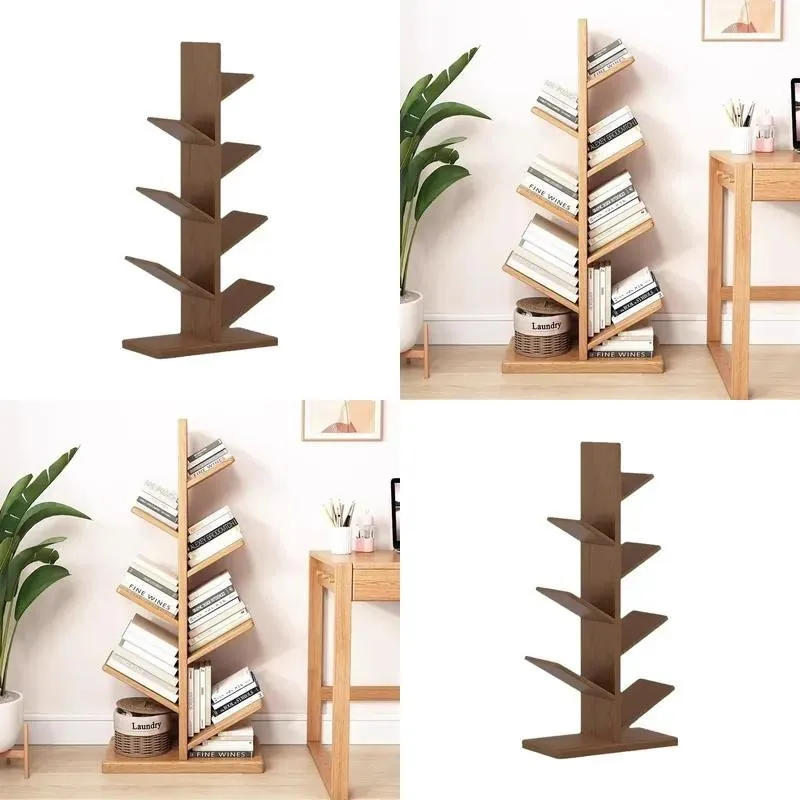 Vintage Freestanding Wooden Bookcase with Drawer Brown Tree Bookshelf Space Saving Storage Rack for Living Room Home Office