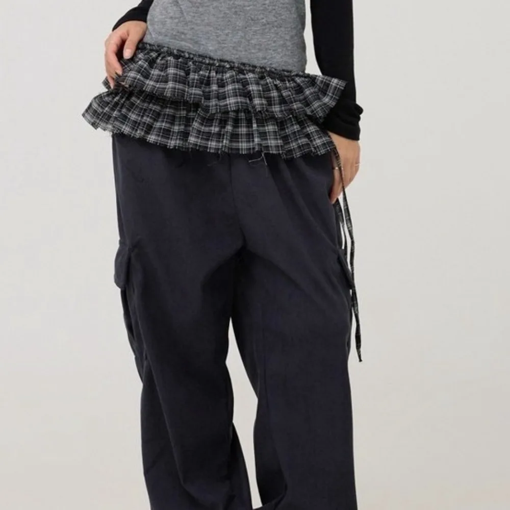 

Hip-hop Layer Outfits Plaid Skirt Shirt Extender Sweet Lace Up Hip Scarf Y2K Korean Style Ruffled Edge Waistband Jeans Decor