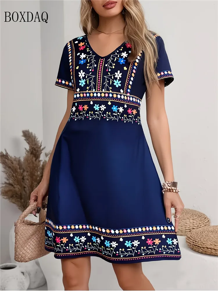 

Vintage Ethnic Print Dresses For Women 2026 Summer Loose Bohemian Short Sleeve Dress Casual Female Clothing Plus Size Dress 6XL