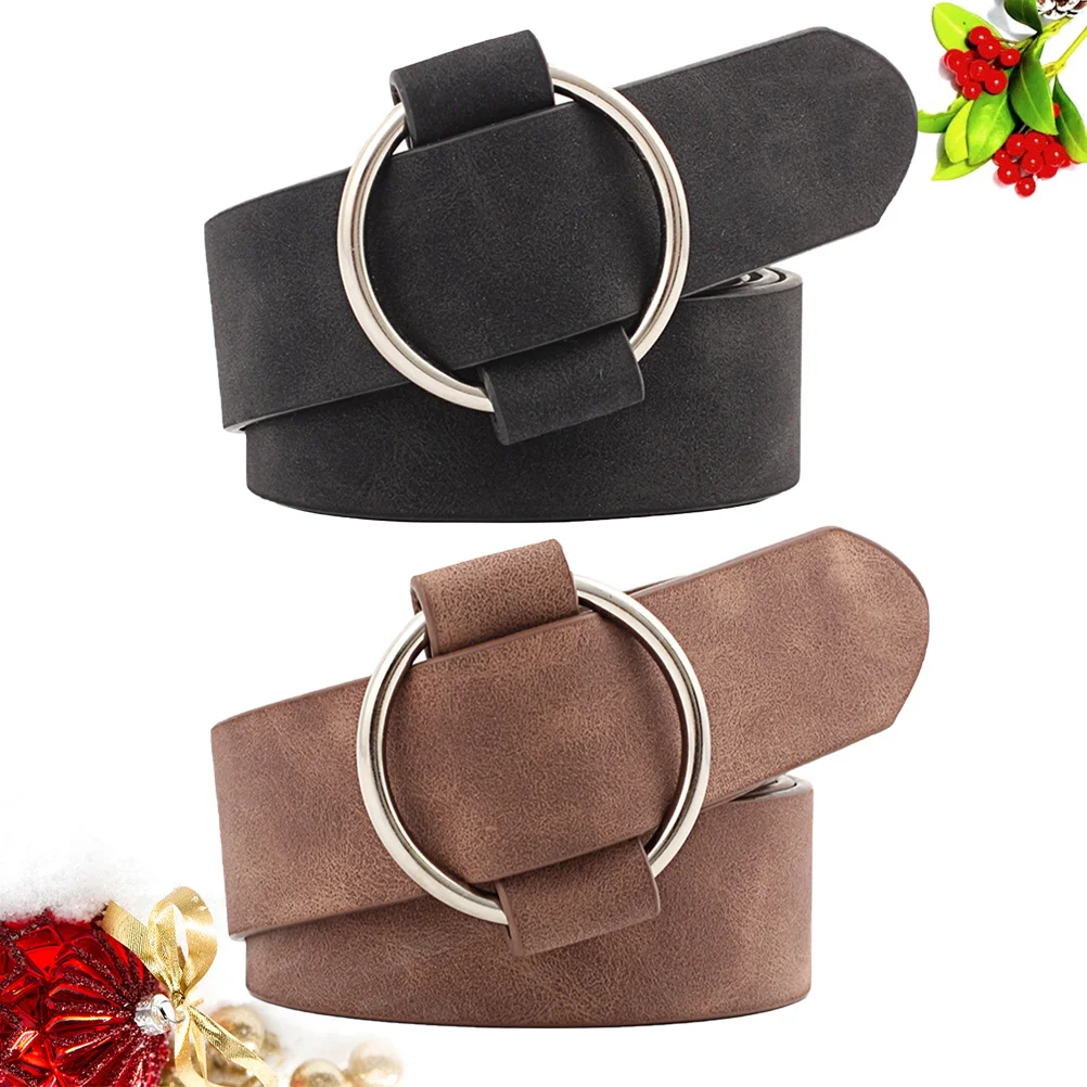

2 Pcs Solid Color Belt PU Girdle Round Pin Buckle No Needle Wide Waistband