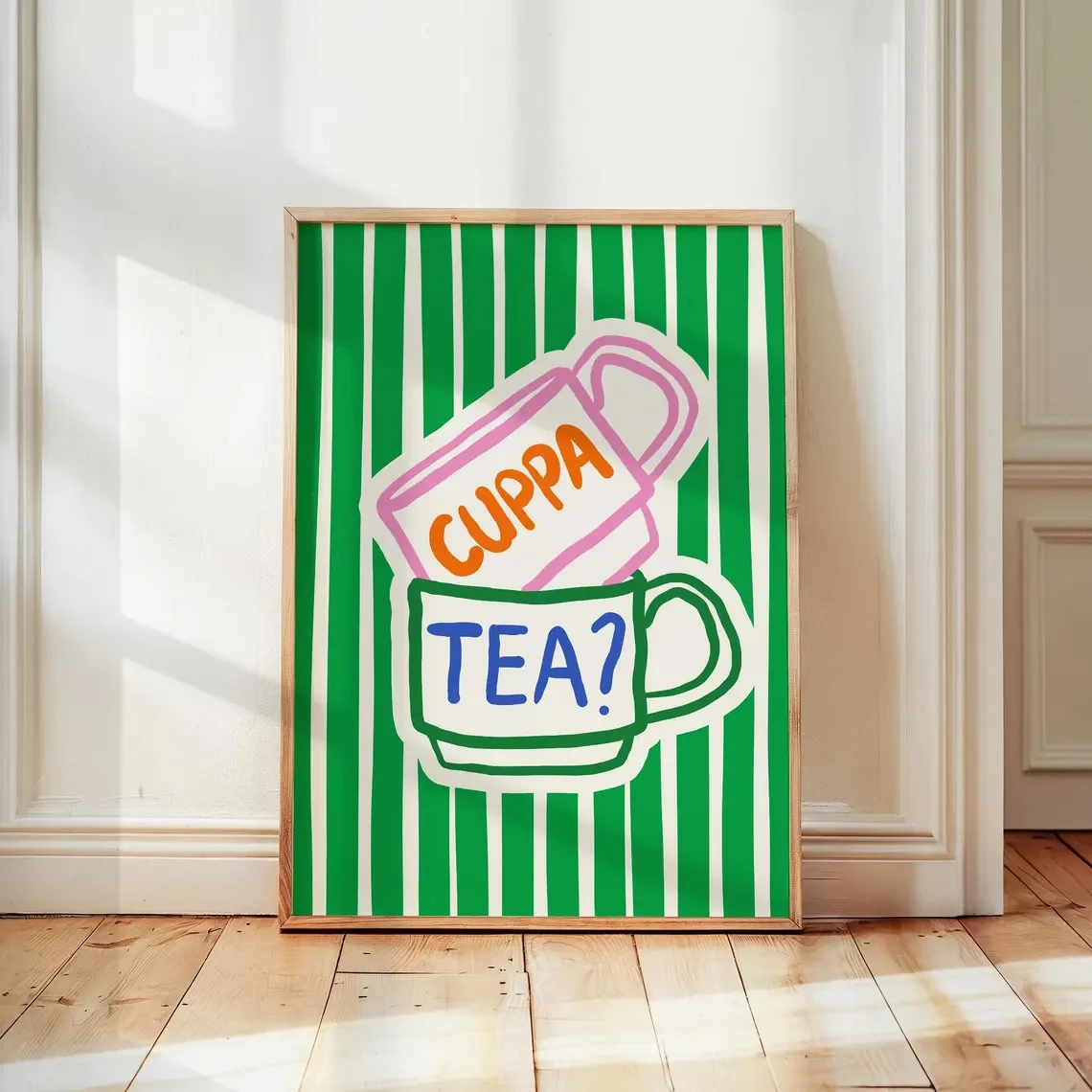 1pc Wall Decor, a Retro Poster Featuring a Cup of Tea, an Adorable Green Striped Teacup Canvas Print, a Distinctive And Artis