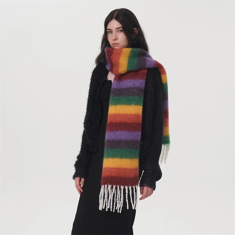 2024 INS Cashmere Womens Scarf Winter Thick warm Rainbow stripe Cape Wraps Female bandana pashmina long tassel thick blanket