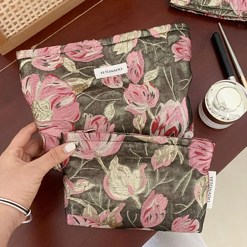 Floral Jacquard Cosmetic Bag Vintage Makeup Pouch Travel Toiletry brush lipstick Organizer case for Women