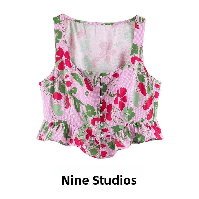 Fashionable Casual Print Ruffle Sleeveless Square Collar Top Vest Short Style Women's Clothing NINE ZAR Ladies' Summer Wear