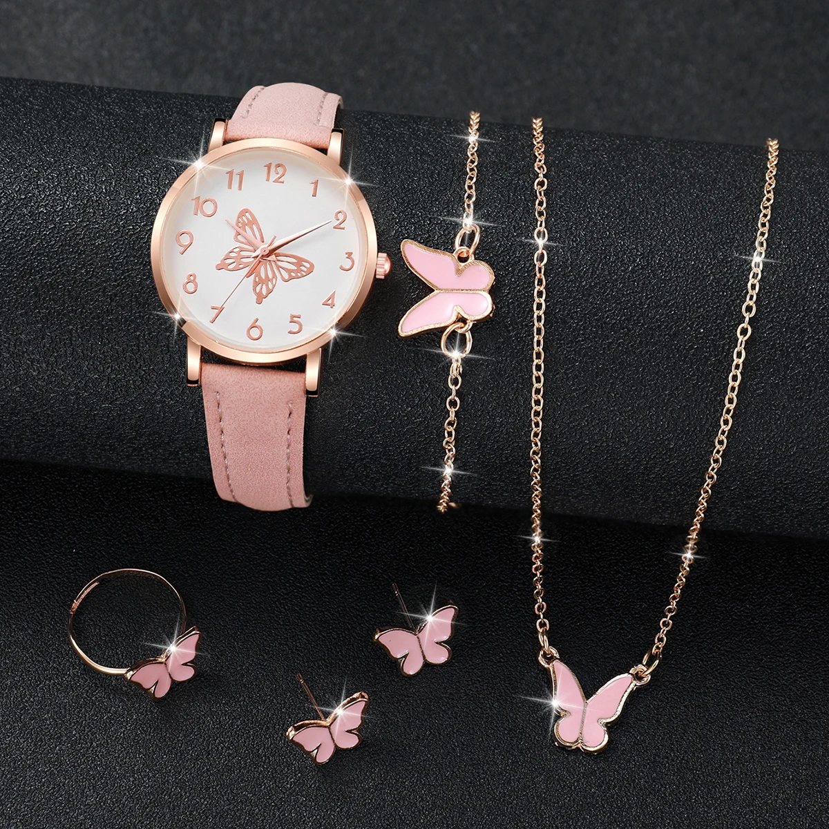 6PCS/Set Women\'s Watch Fashion Butterfly Dial Leather Band Quartz Watches Jewelry Set（Without Box）