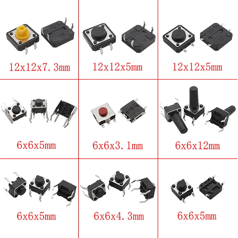 125Pcs Micro Momentary Momentary Tactile Tact Mini Push Button Switch 2/3/4Pin SMD 3x6mm 4x4mm 6x6mm 12x12mm Switch 25 Types