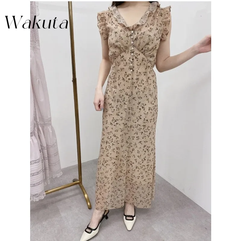 

WAKUTA Sweet Fresh Elegant Celebrity Women Mujer Slim Waist French Ruffles Lace Up Print Vestidos Japan Pure Desire Bow Dress