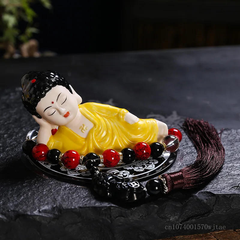 Ceramic Tathagata Sleeping Buddha Sculpture, Creative Home Living Room, Bedroom, Office Car Mounted Desktop Art Decorations, 1pc