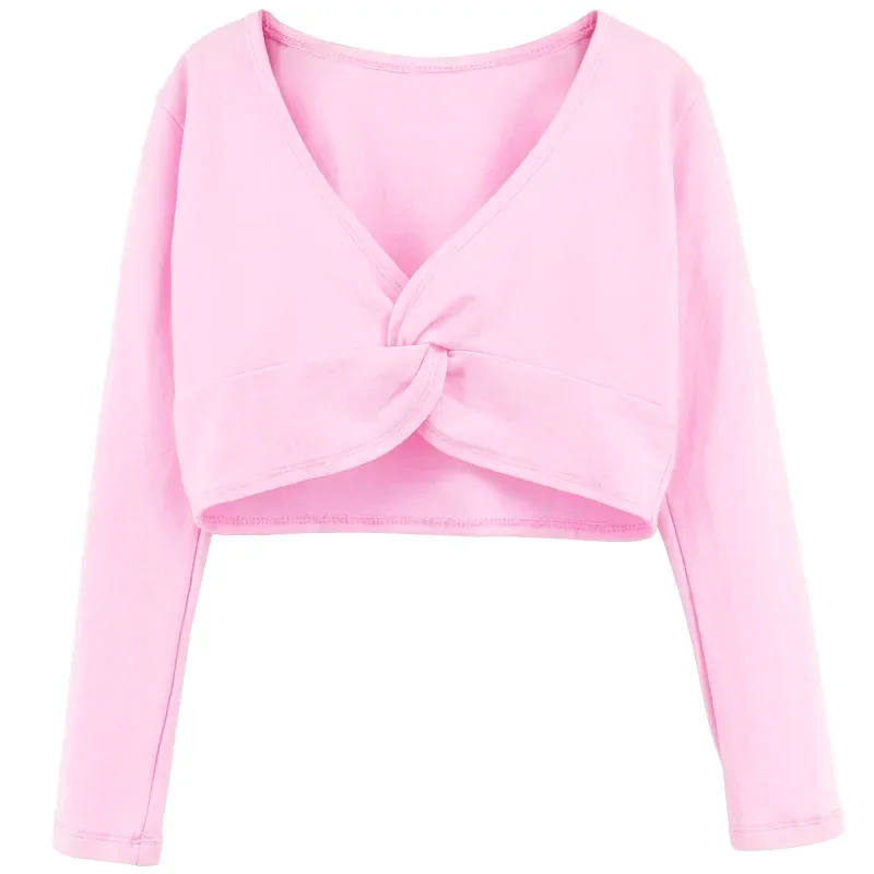 Pull de ballet classique pour filles, manches longues, haut rond, haussement d'épaules de danse, manteau court pour enfants, vêtements de danse en coton, pull d'échauffement pour justaucorps