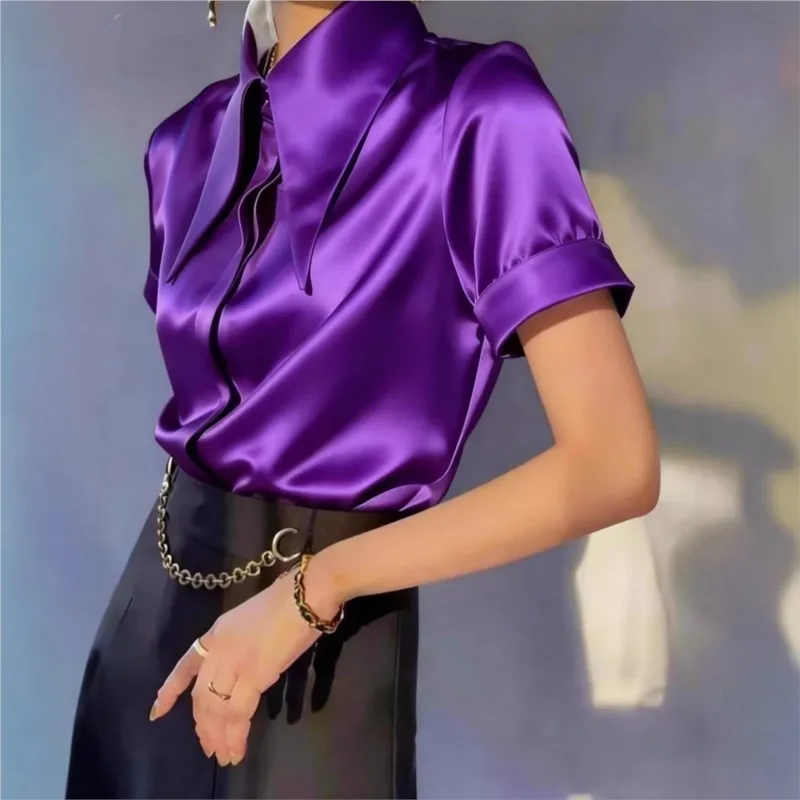 

Elegant Temperament Satin Shirts 2026 Summer Solid color Basic Casual Blouses Short Sleeve Wide Lapel Office Lady Tops