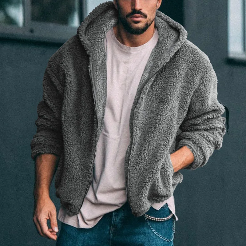 New Men\'s Casual Jacket Fashion Hooded Coat Autumn Winter Arctic Velvet Solid Loose Plush Warm Jacket High Street Coat Male