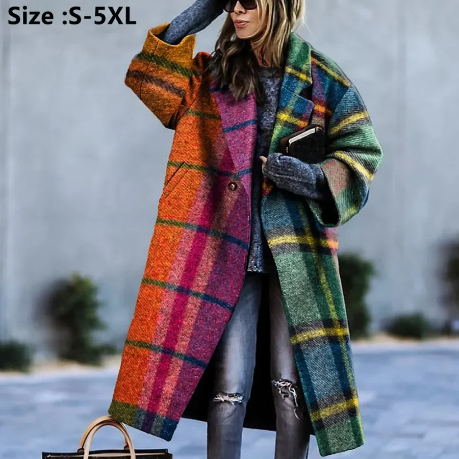 

2024 Autumn Winter Women Warm Jackets French Style Wool Blends Long Coats Padded Overcoats Women Elegant Plaid Clothing S-5XL