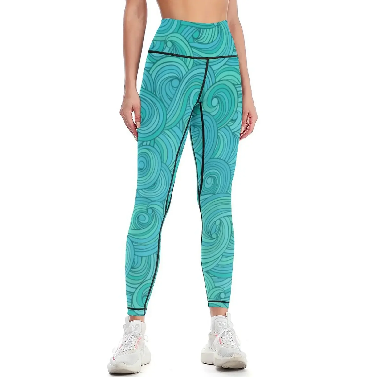 

Waves hand drawn pattern, wavy background Leggings Women's trousers gym pants active wear Womens Leggings
