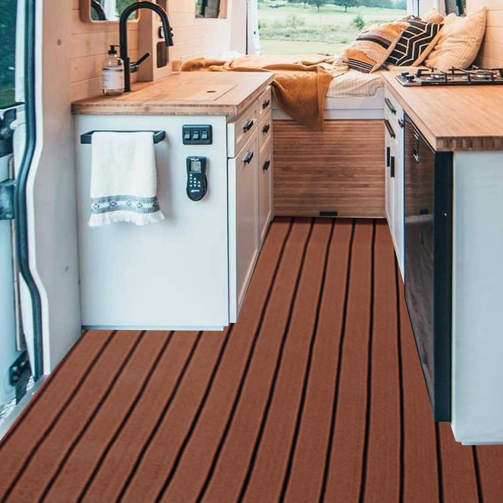 Caravan Mats,Self-Adhesive Teak Floor Mat Non-toxic Retro Design EVA RV Mat Sound Insulation EVA Foam Marine Flooring Mat