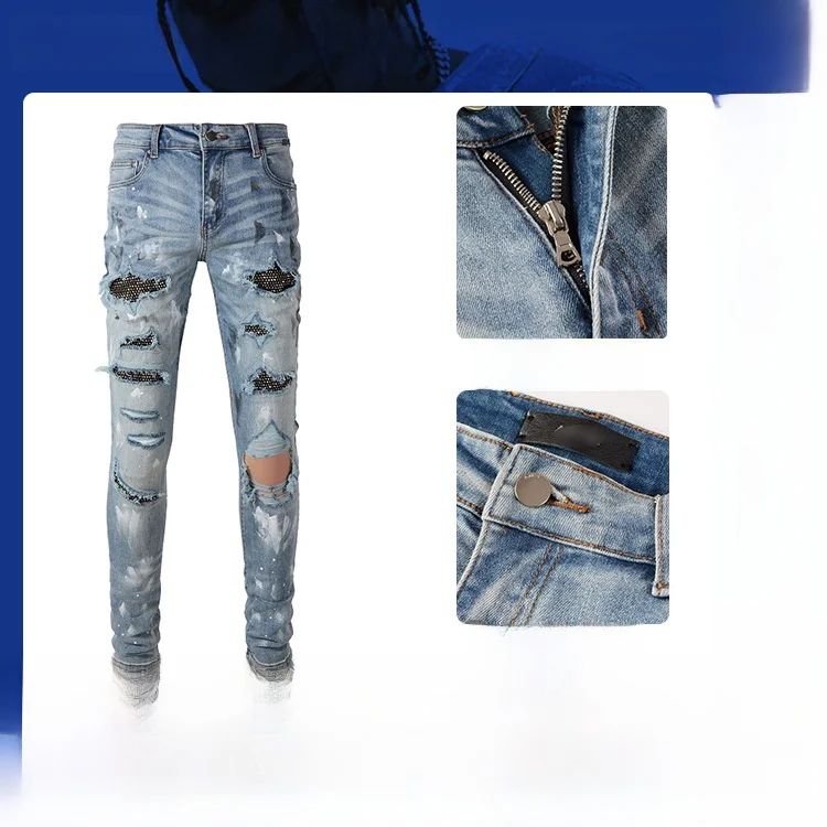 High Street Sle Diamond Embellied Stretchy Skinny Jeans Gescheurde denim Hoge taille lange broek Jeugdige trendy vrijetijdskleding