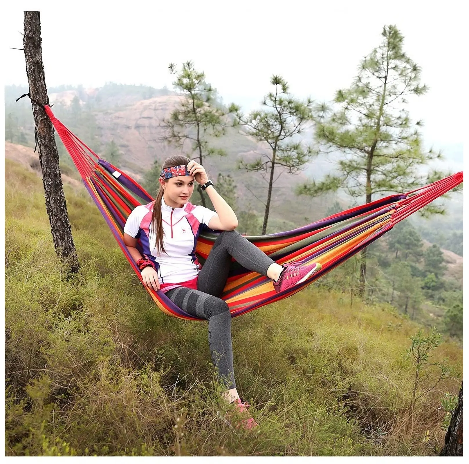 Double Hammock 2 Person Canvas Cotton Hammock with Tree Straps for Patio Garden Backyard Outdoor and Indoor (Red, Blue)