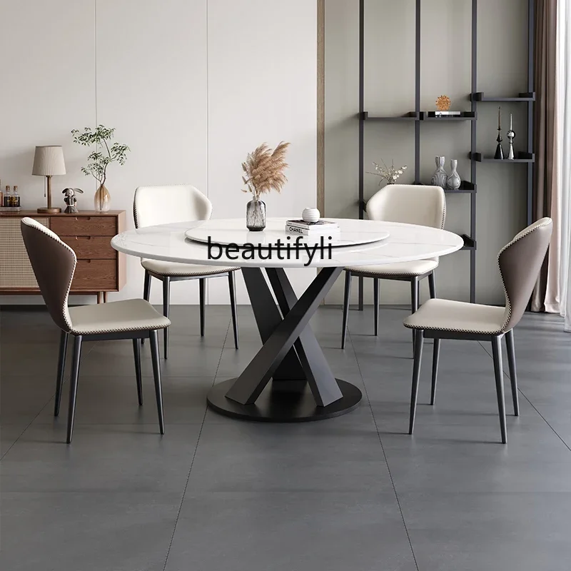Italian light luxury rock slab dining table and chair combination household size round table modern simplicity