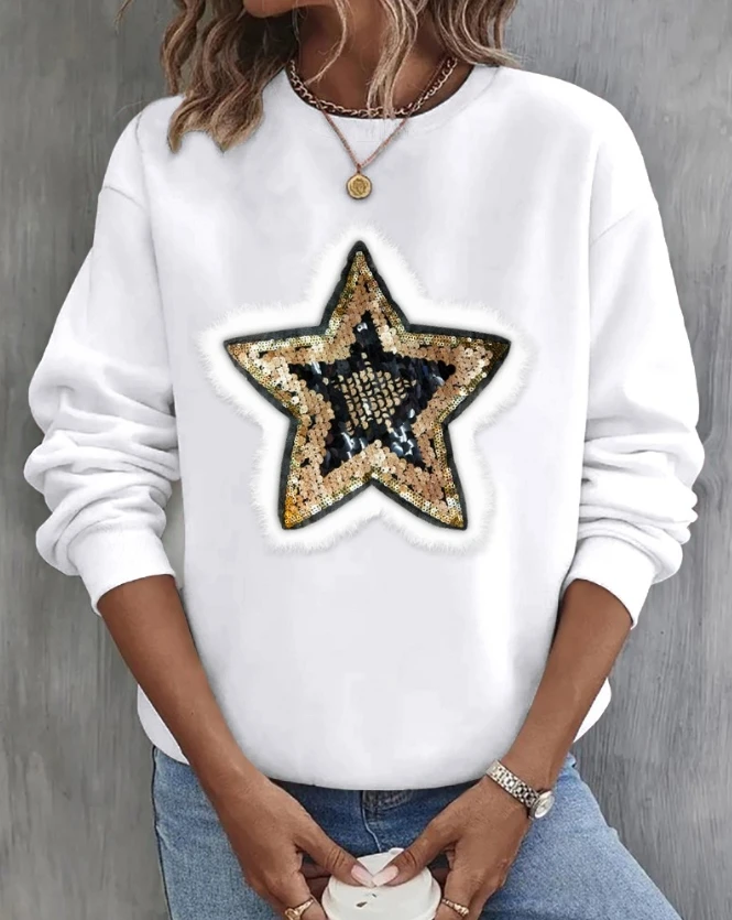 2023 Autumn Winter Spring New Fashion Casual Sequin Star Pattern Fuzzy Detail Sweatshirt Female Clothing T-Shirts Pullover Tops