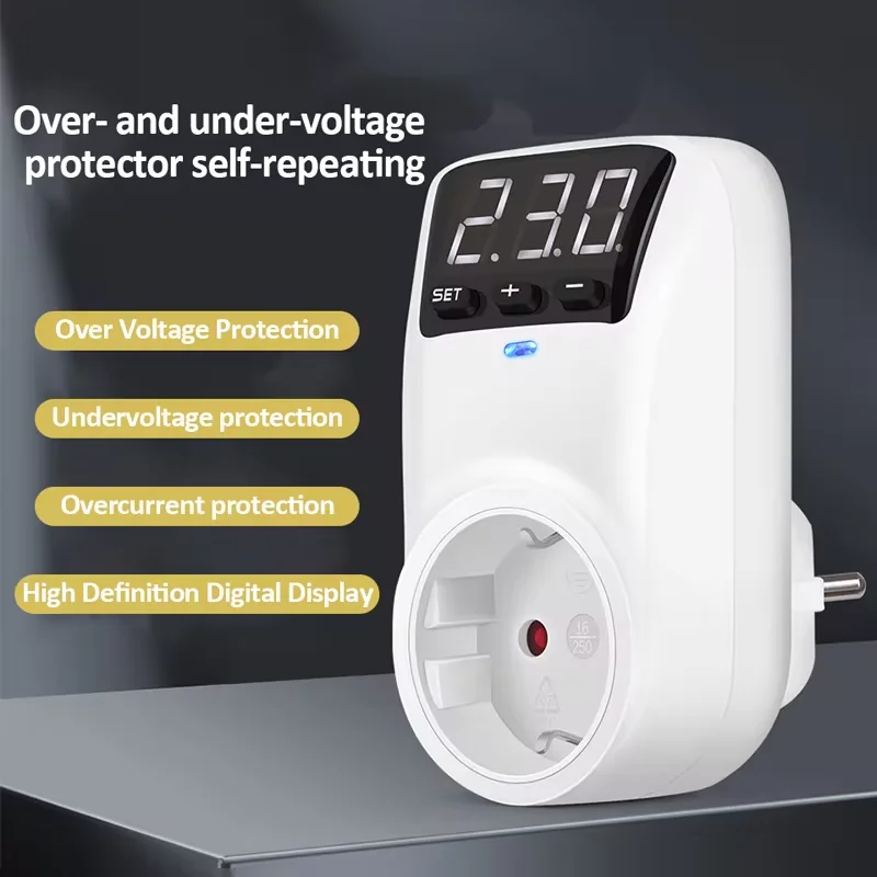 Digital Display Adjustable Voltage Protector AC230V 16A Automatic Power Surge Protector EU Plug Socket Under Overvoltage Protect
