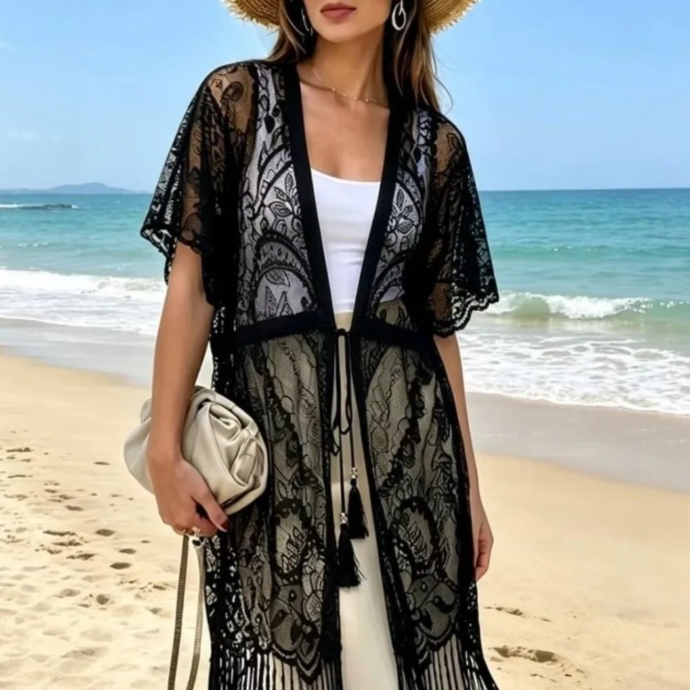 Elegant Lace Mesh Sunscreen Beach Cover Up Floral Plus Size Swimsuit Cover Up Tassel Transparent Bohemian Shawl Summer